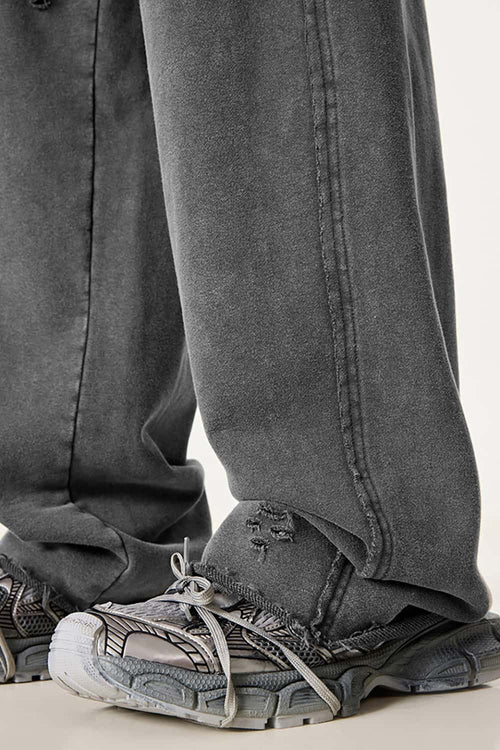 Washed Distressed Straight-Leg Sweatpants - Dark Gray
