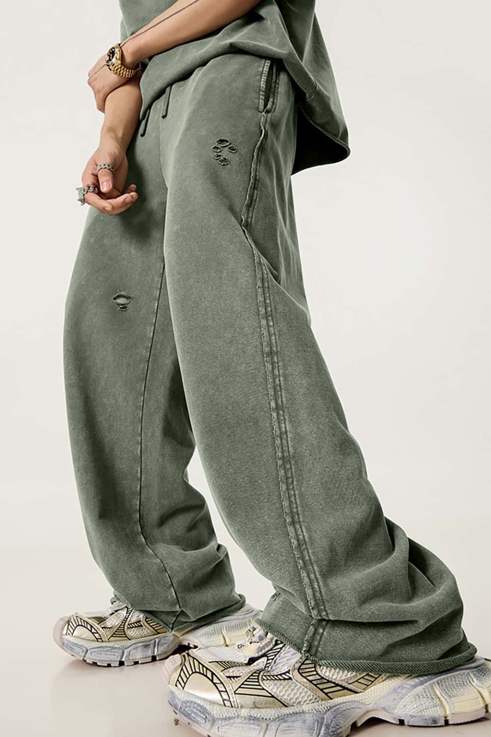 Vintage Washed Distressed Straight-Leg Sweatpants with Rolled Hem