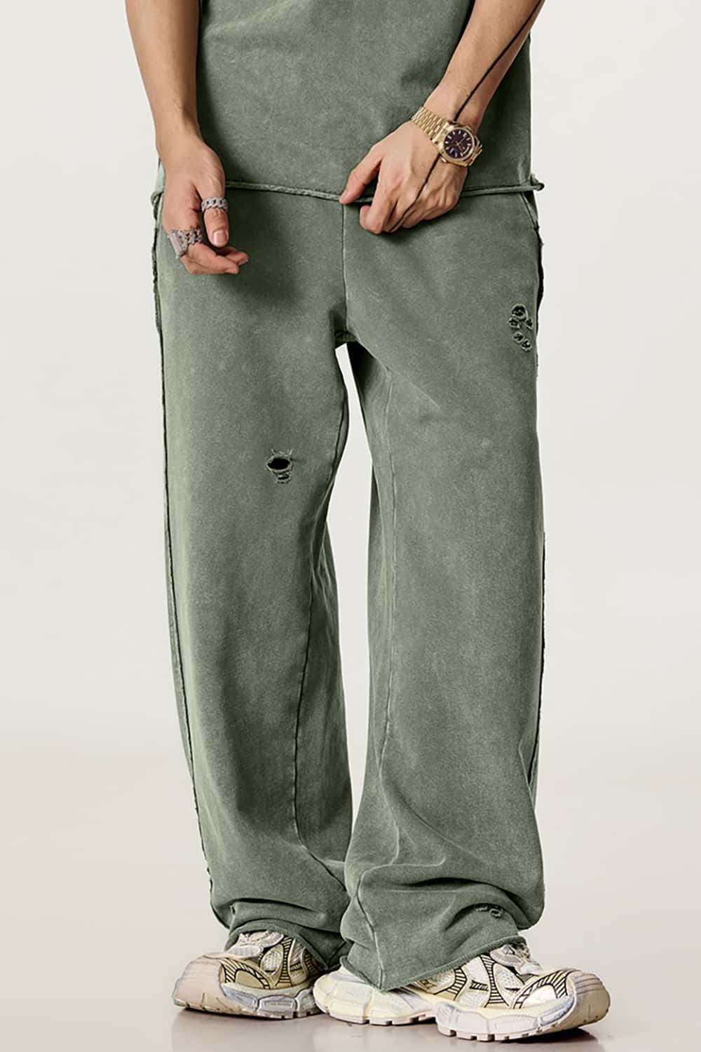 Vintage Washed Distressed Straight-Leg Sweatpants with Rolled Hem