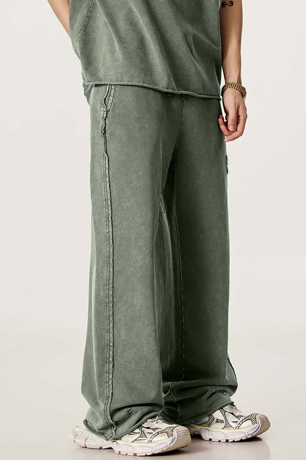 Vintage Washed Distressed Straight-Leg Sweatpants with Rolled Hem