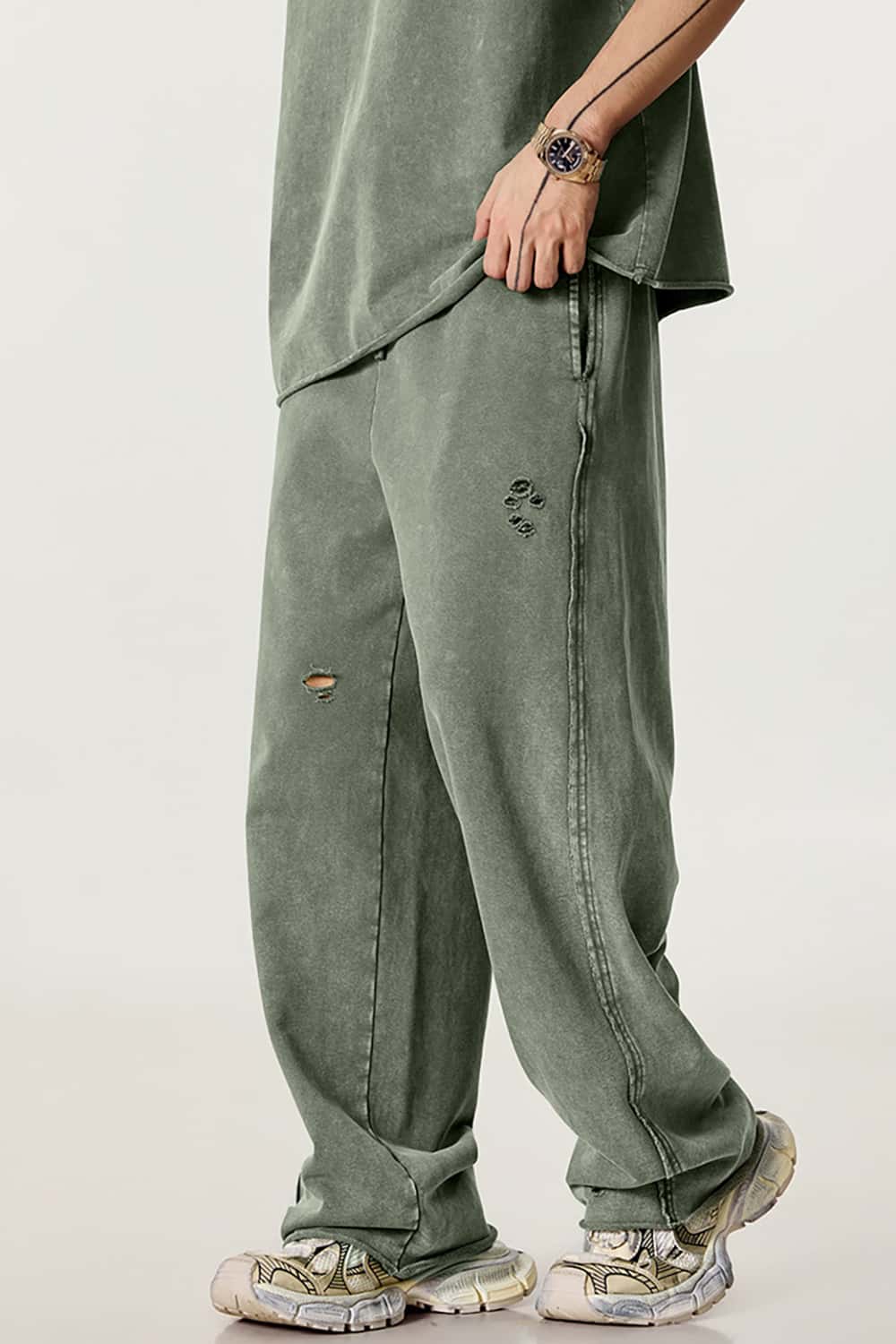 Vintage Washed Distressed Straight-Leg Sweatpants with Rolled Hem