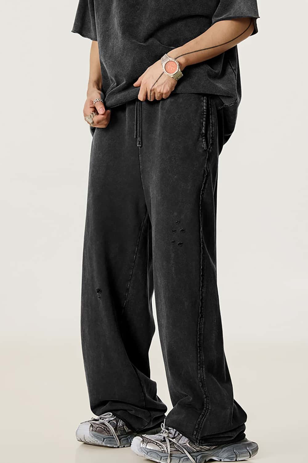 Vintage Washed Distressed Straight-Leg Sweatpants with Rolled Hem