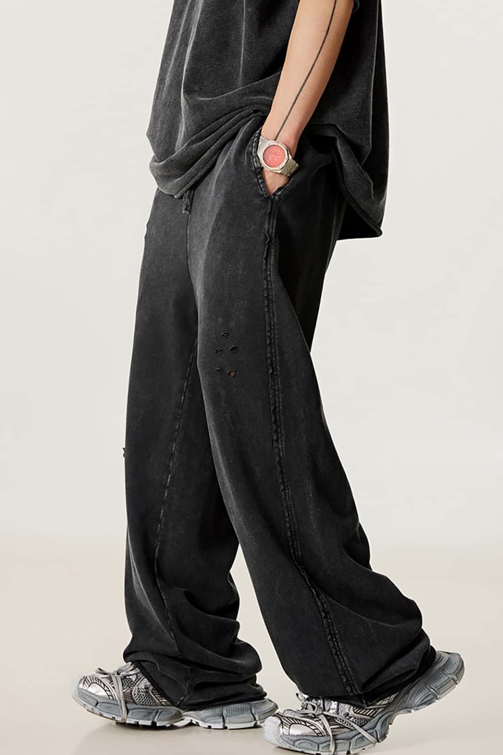 Vintage Washed Distressed Straight-Leg Sweatpants with Rolled Hem