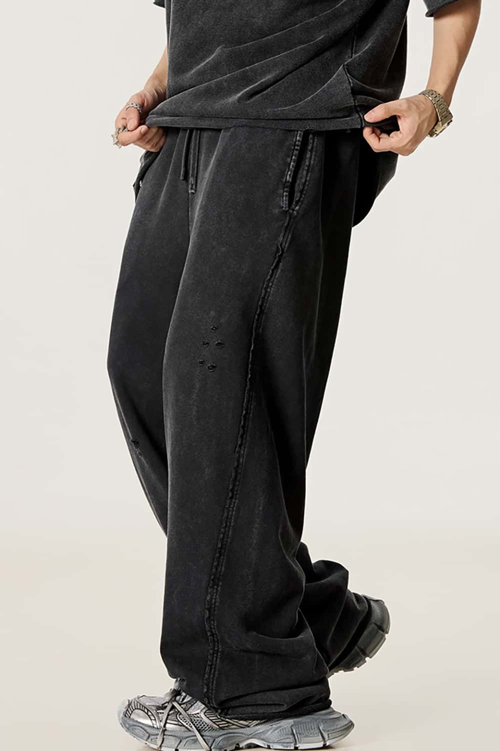 Vintage Washed Distressed Straight-Leg Sweatpants with Rolled Hem