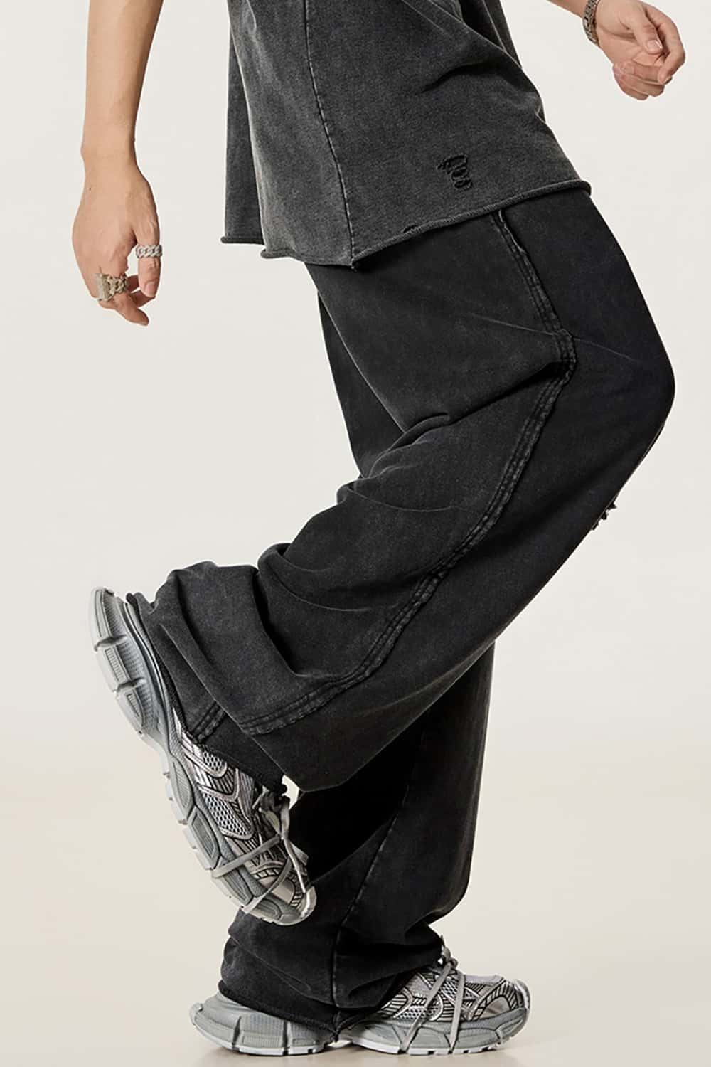 Vintage Washed Distressed Straight-Leg Sweatpants with Rolled Hem