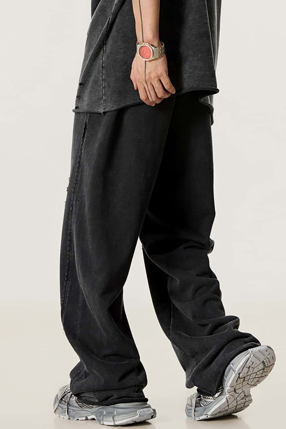 Vintage Washed Distressed Straight-Leg Sweatpants with Rolled Hem