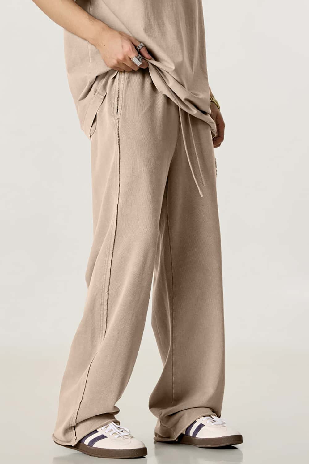Vintage Washed Distressed Straight-Leg Sweatpants with Rolled Hem