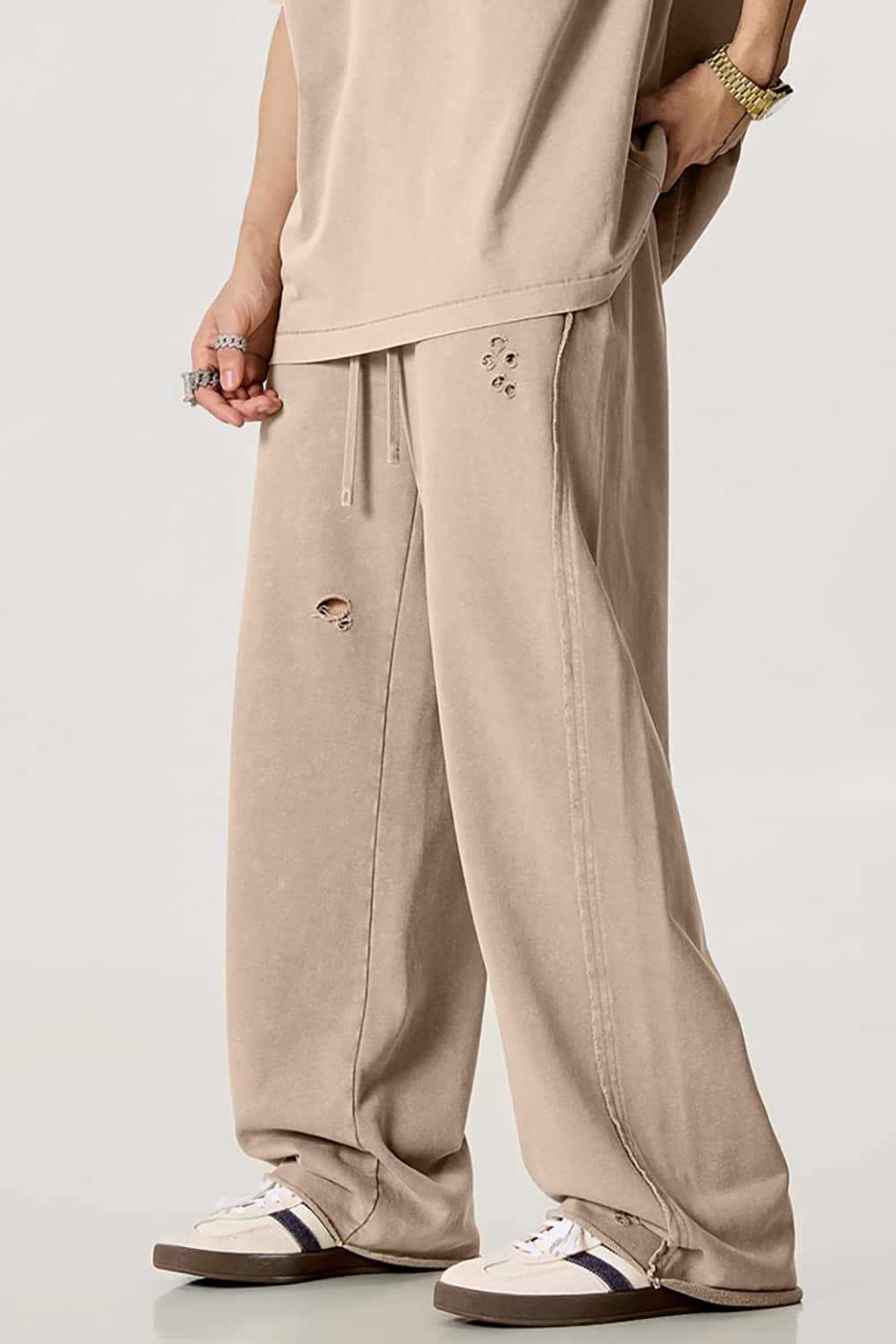 Vintage Washed Distressed Straight-Leg Sweatpants with Rolled Hem