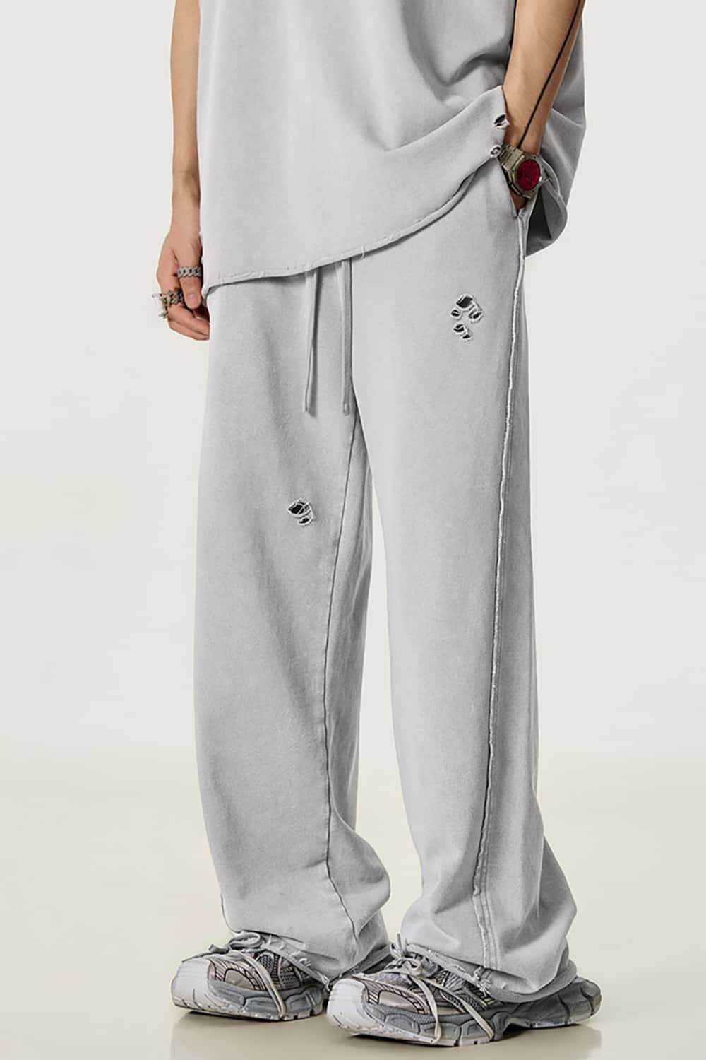 Vintage Washed Distressed Straight-Leg Sweatpants with Rolled Hem