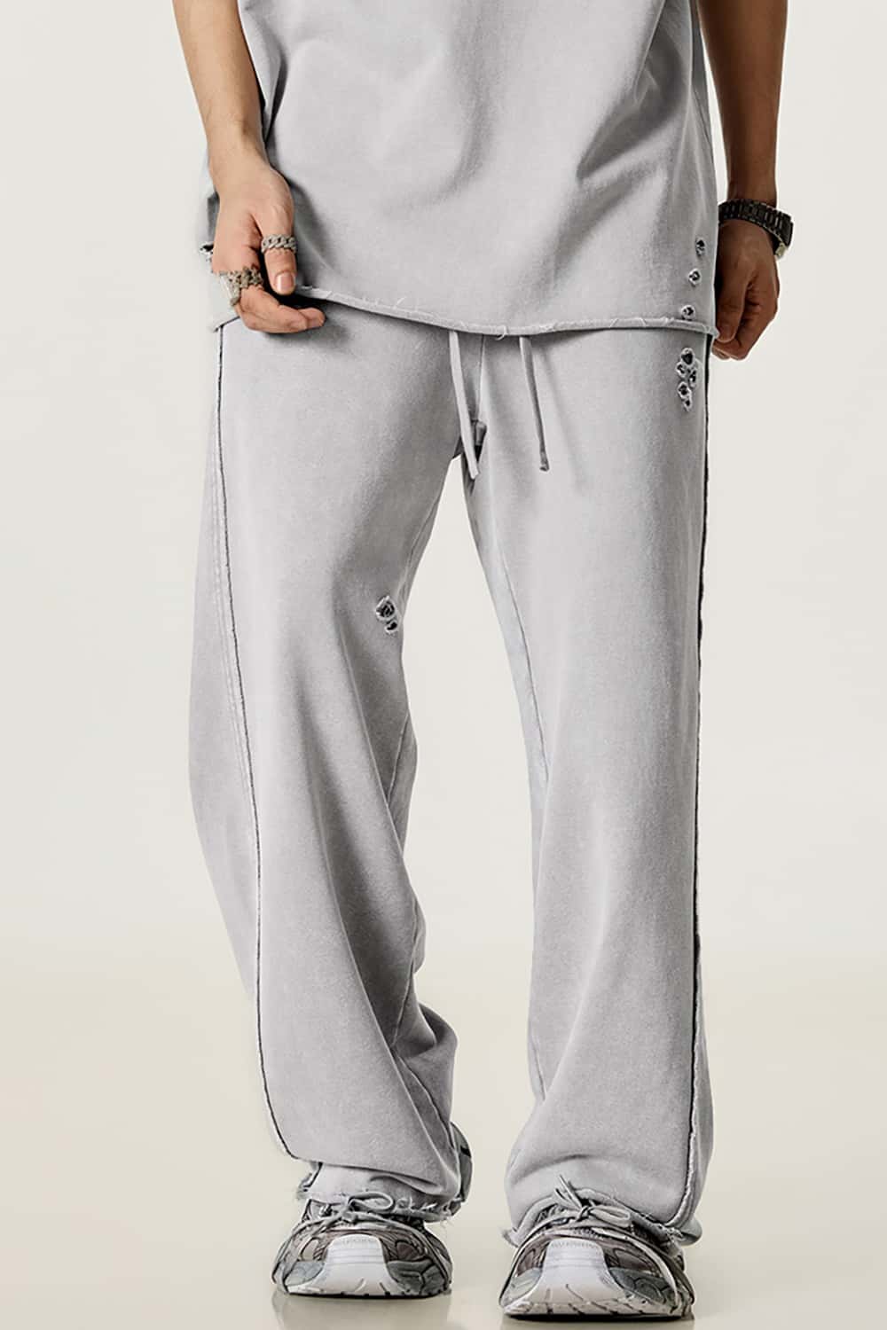 Vintage Washed Distressed Straight-Leg Sweatpants with Rolled Hem