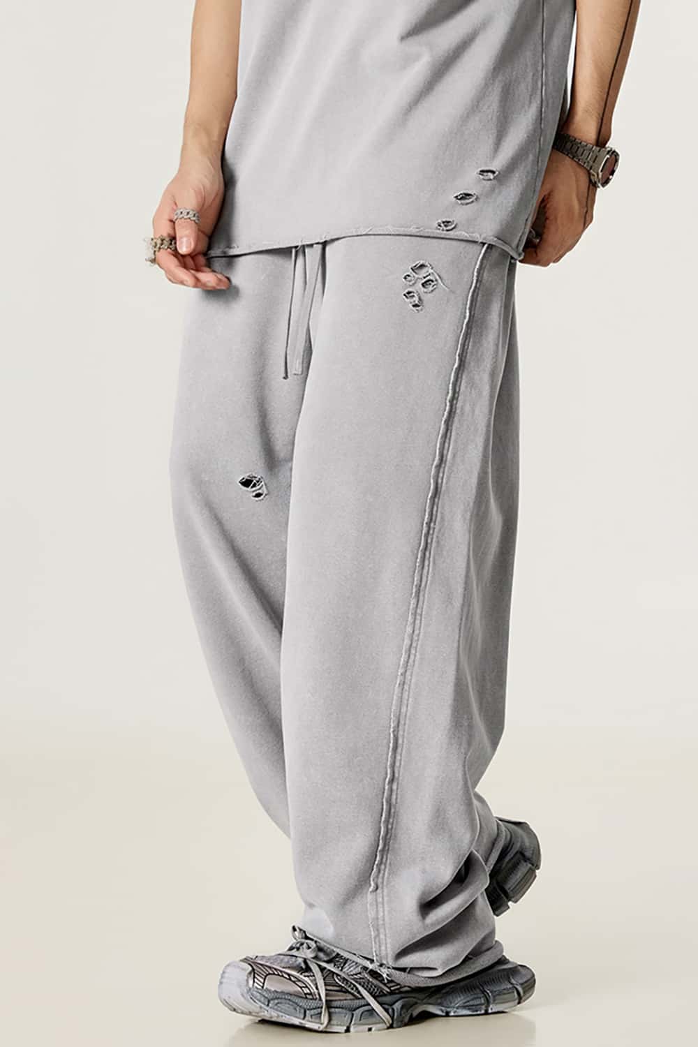 Vintage Washed Distressed Straight-Leg Sweatpants with Rolled Hem