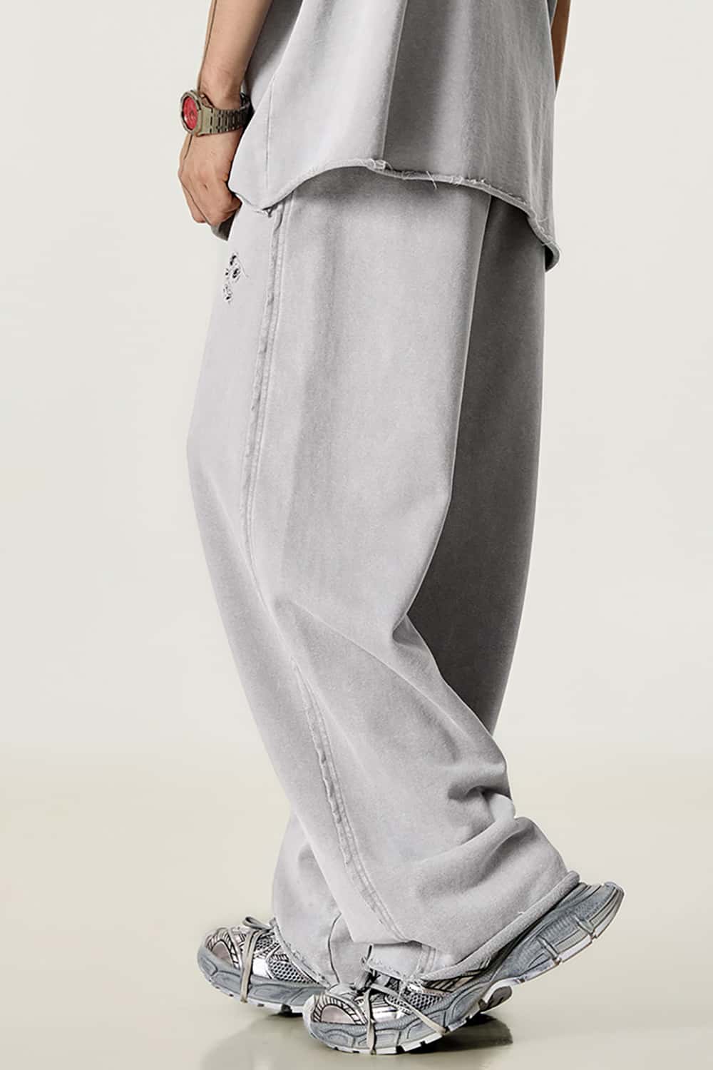 Vintage Washed Distressed Straight-Leg Sweatpants with Rolled Hem