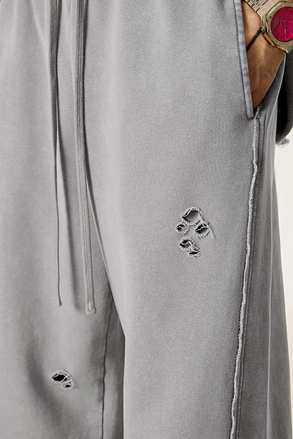 Vintage Washed Distressed Straight-Leg Sweatpants with Rolled Hem