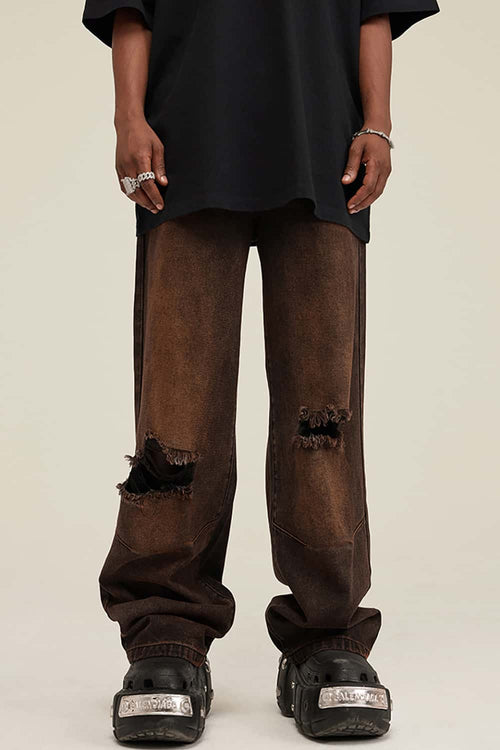 Distressed Gradient Wide-Leg Denim - Coffee