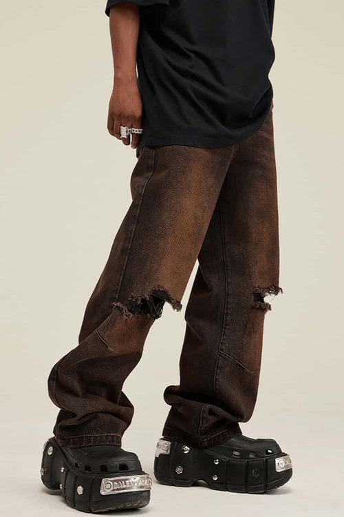 Distressed Gradient Wide-Leg Denim - Coffee