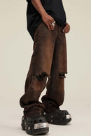 Distressed Gradient Wide-Leg Denim - Coffee