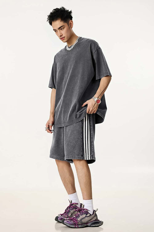 Washed Three-Stripe Casual Shorts - Dark Gray