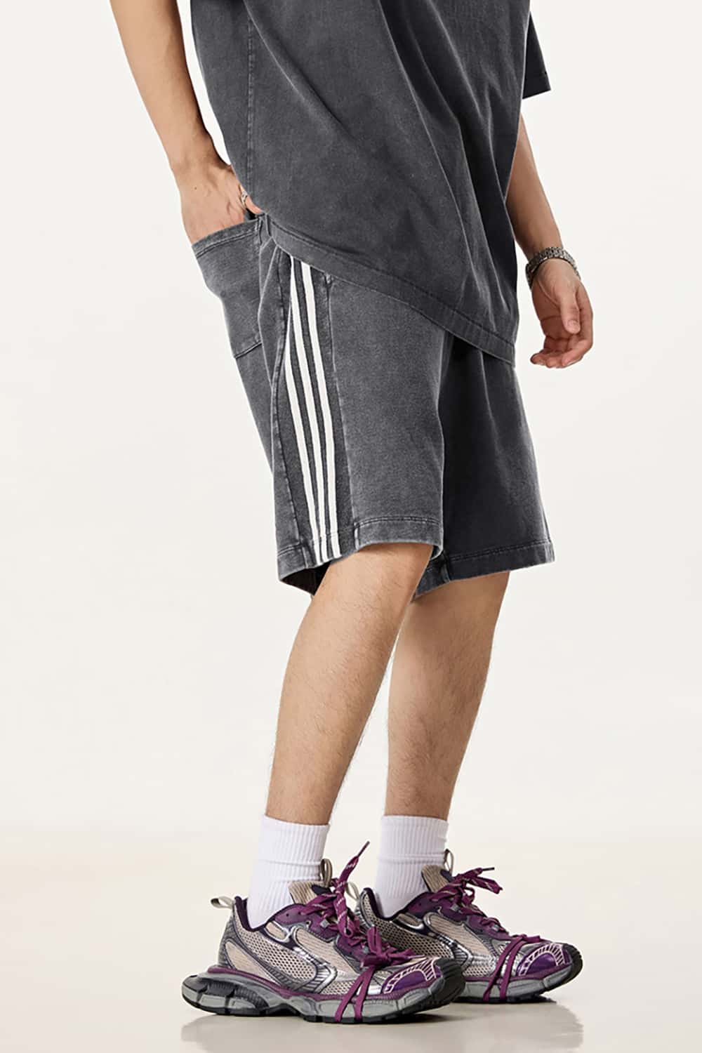 Casual Washed Shorts with Triple Stripe Side Detail in Plus Size