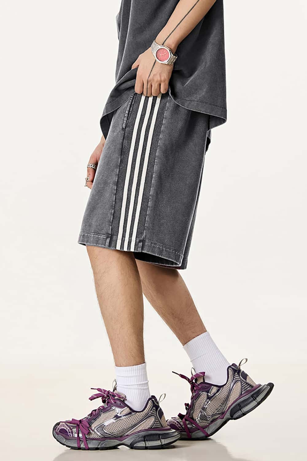Casual Washed Shorts with Triple Stripe Side Detail in Plus Size
