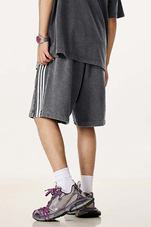 Washed Three-Stripe Casual Shorts - Dark Gray