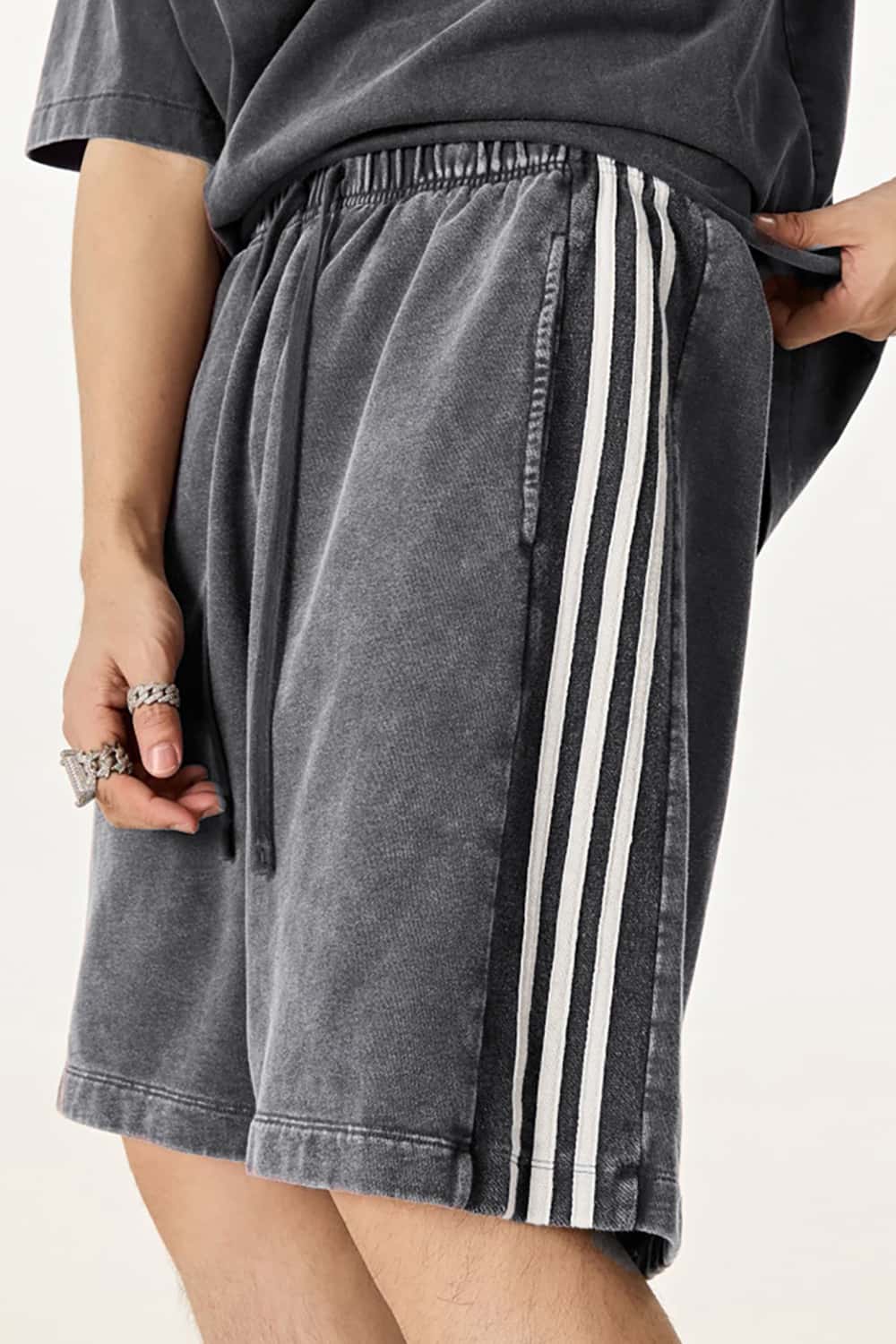 Casual Washed Shorts with Triple Stripe Side Detail in Plus Size