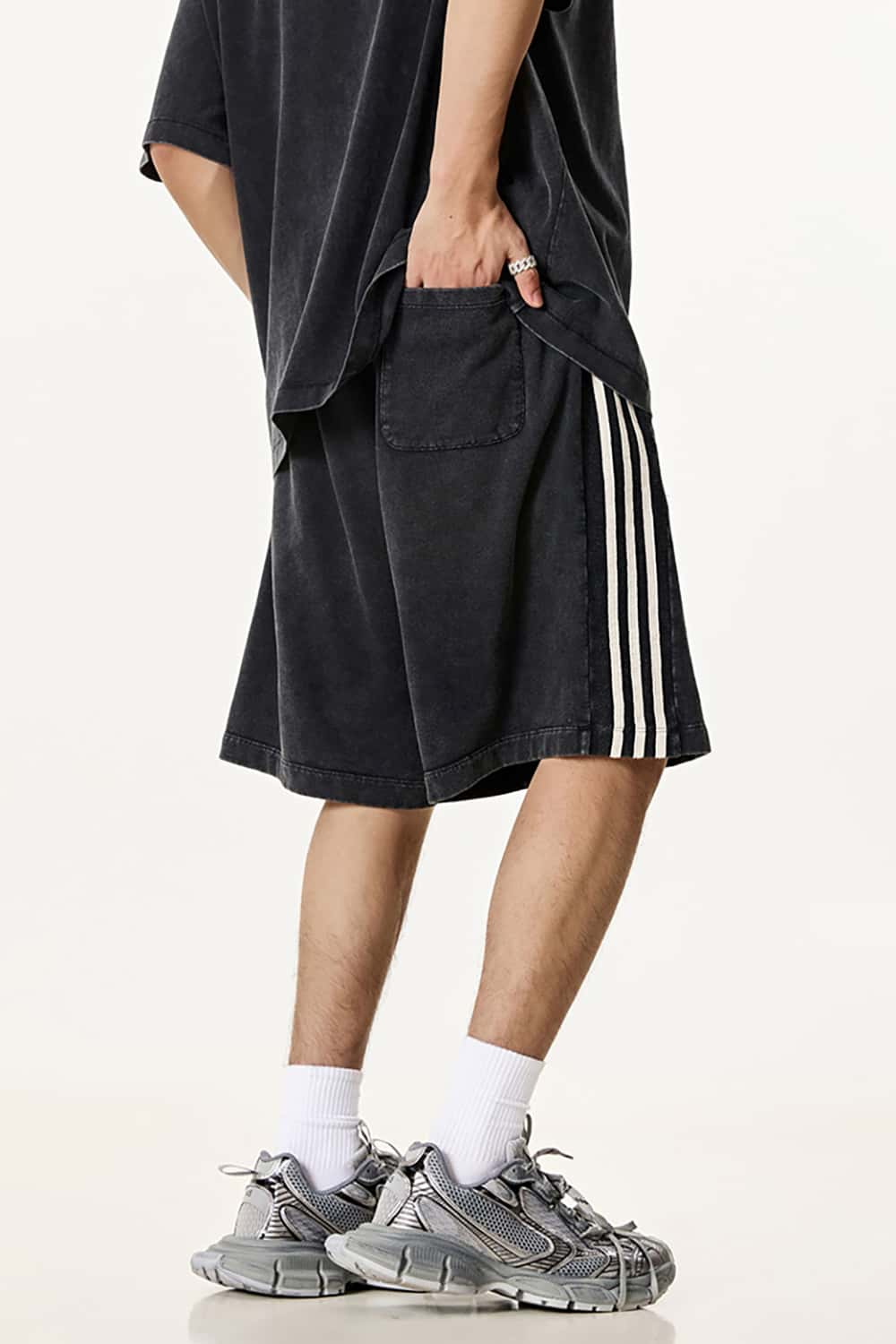 Casual Washed Shorts with Triple Stripe Side Detail in Plus Size