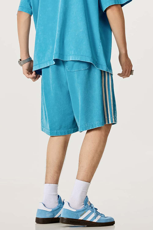 Washed Three-Stripe Casual Shorts - Vintage Blue