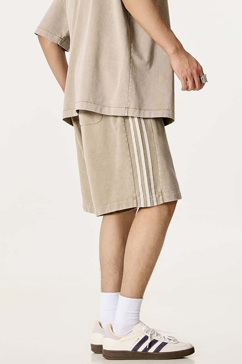 Washed Three-Stripe Casual Shorts - Vintage Khaki