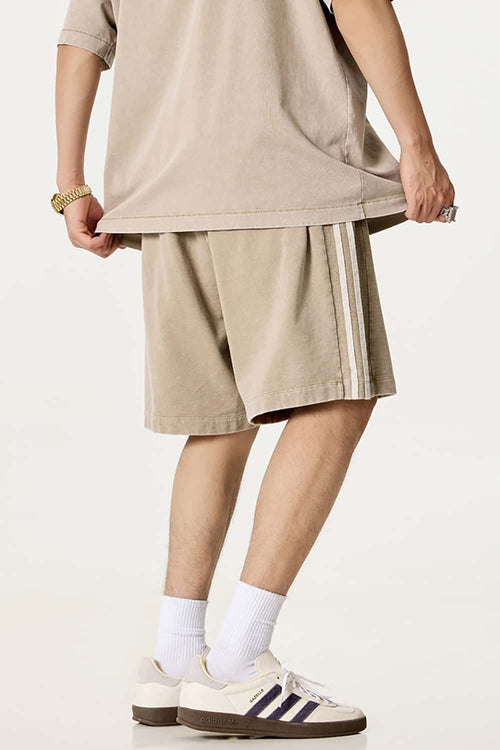 Washed Three-Stripe Casual Shorts - Vintage Khaki