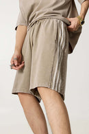Washed Three-Stripe Casual Shorts - Vintage Khaki