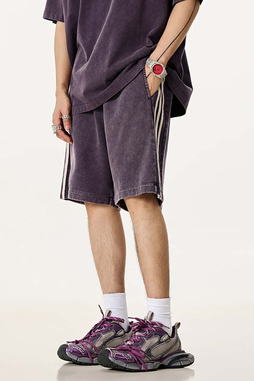 Washed Three-Stripe Casual Shorts - Vintage Purple
