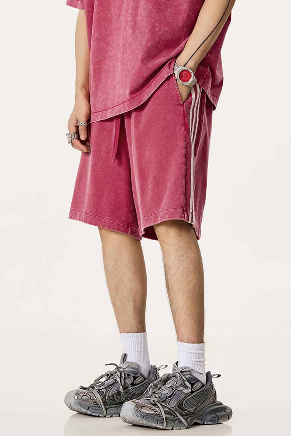 Casual Washed Shorts with Triple Stripe Side Detail in Plus Size