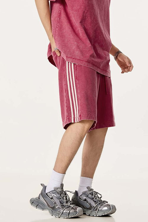 Washed Three-Stripe Casual Shorts - Vintage Red