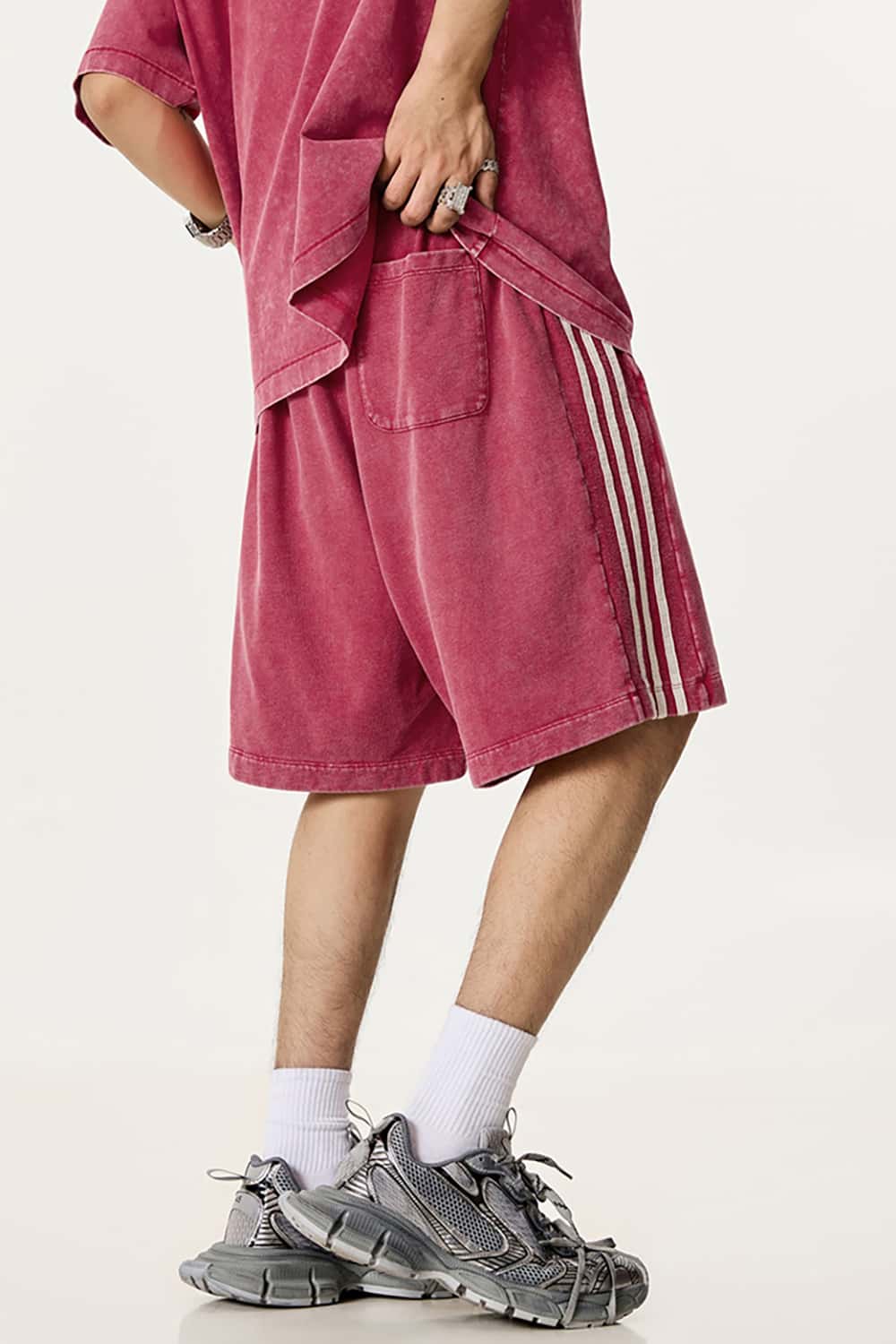 Casual Washed Shorts with Triple Stripe Side Detail in Plus Size