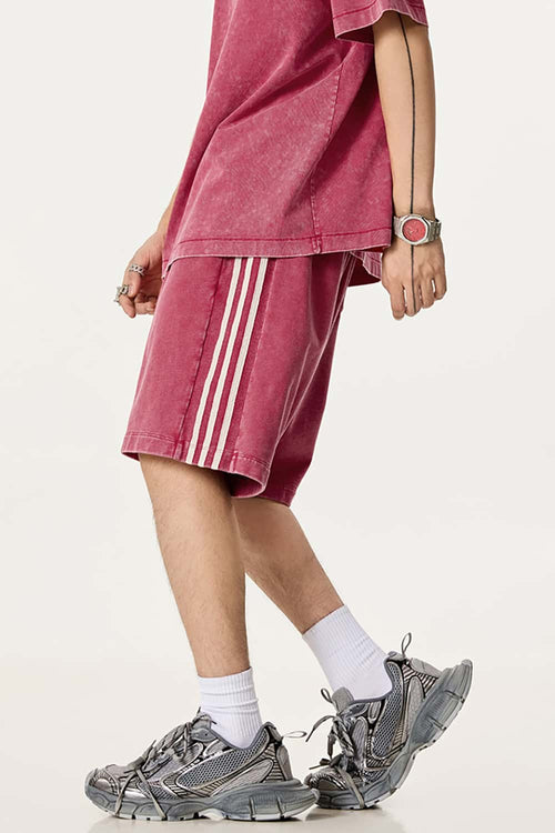 Washed Three-Stripe Casual Shorts - Vintage Red