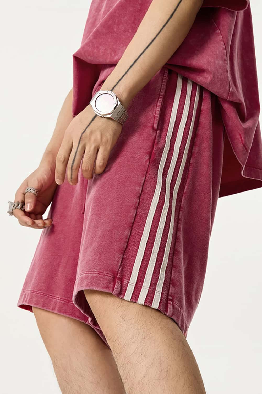 Casual Washed Shorts with Triple Stripe Side Detail in Plus Size