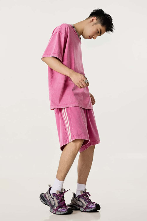 Washed Three-Stripe Casual Shorts - Vintage Rose Pink