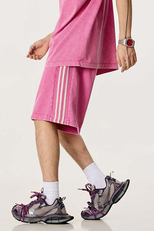 Washed Three-Stripe Casual Shorts - Vintage Rose Pink
