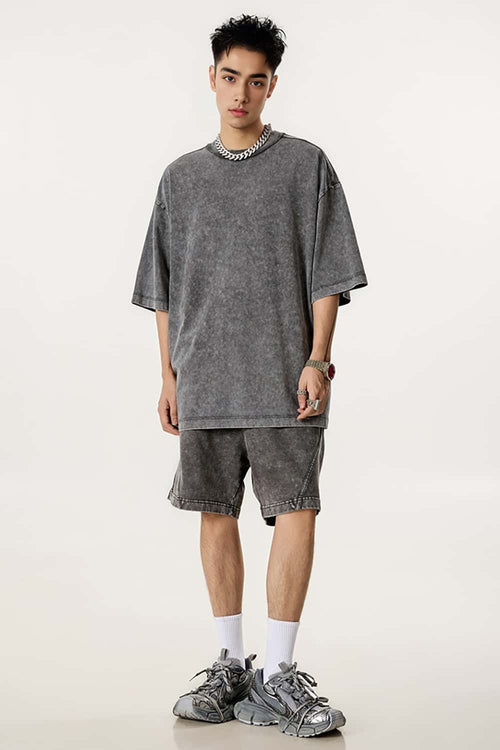 Acid Wash Side Stripe Shorts - Dark Gray