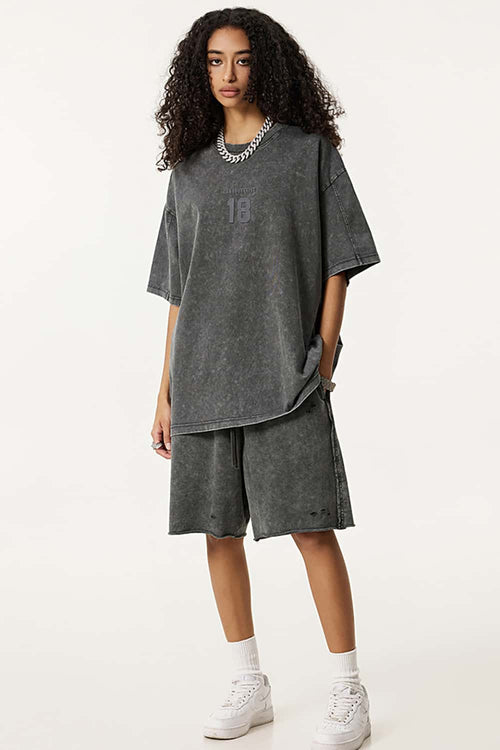 Heavyweight Snow-Wash Embroidered Tee - Dark Gray
