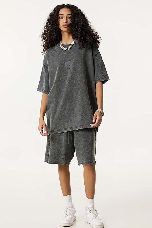 Heavyweight Snow-Wash Embroidered Tee - Dark Gray