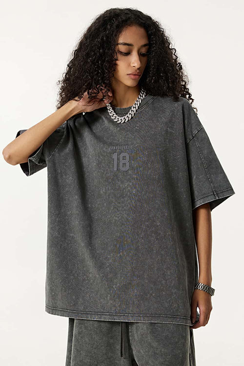 Heavyweight Snow-Wash Embroidered Tee - Dark Gray