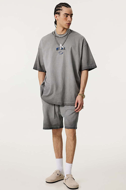Heavyweight Towel Embroidered Distressed Graphic Tee - Washed Gray