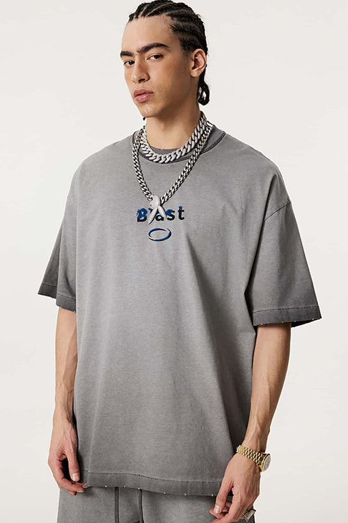 Heavyweight Towel Embroidered Distressed Graphic Tee - Washed Gray