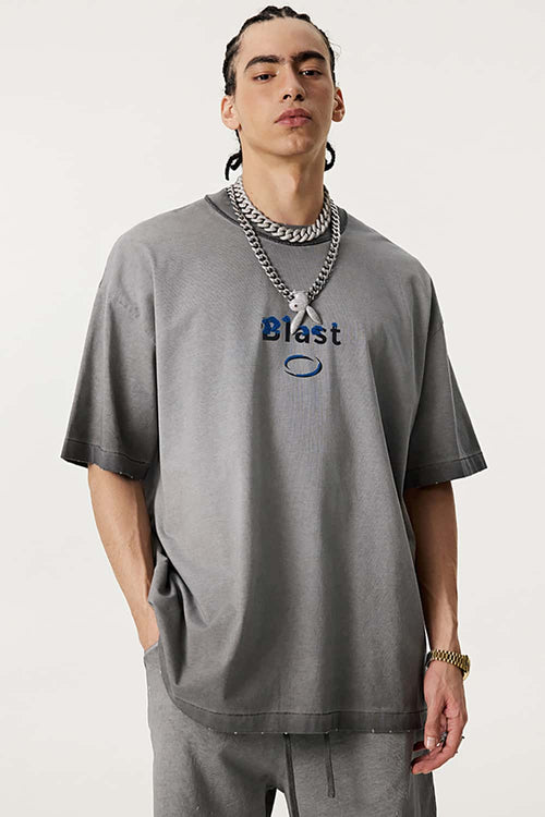 Heavyweight Towel Embroidered Distressed Graphic Tee - Washed Gray