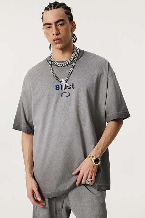 Heavyweight Towel Embroidered Distressed Graphic Tee - Washed Gray