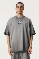 Heavyweight Towel Embroidered Distressed Graphic Tee - Washed Gray