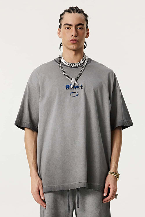 Heavyweight Towel Embroidered Distressed Graphic Tee - Washed Gray