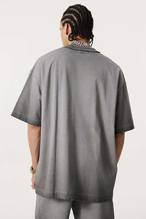 Heavyweight Towel Embroidered Distressed Graphic Tee - Washed Gray