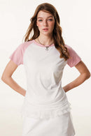 Women's Ruched Colorblock Raglan Tee - White And Pink
